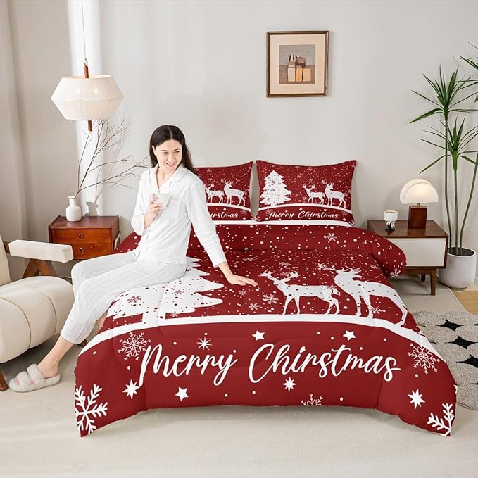 Merry Christmas Kids Comforter Set King Size,Deer Elk Pine Trees Bedding,Girls Boys Adults Bedroom/Xmas Cabin Decor,Snowflake Romantic Down Comforter,Rustic New Year Red Duvet Insert,2 Pillowcases