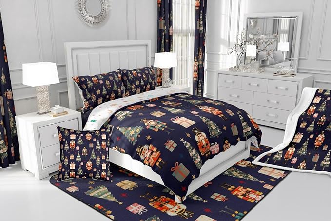 jejeloiu Xmas Nutcracker Comforter Set Toddler Size Christmas Dark Blue Bedding Set for Kids Boys Girls Cute Snowflakes Duvet Quilt Bedroom Decor
