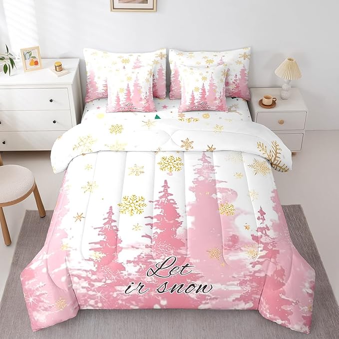 Feelyou Christmas Tree Bed Set for Children Kids Boys Girls Luxury Chic Xmas Theme Bed in a Bag Glitter Snowflake Comforter Set with Sheets Pink Room Decor Bedding Set King Size