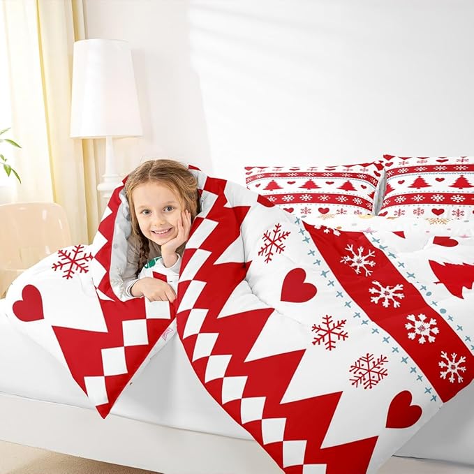 Feelyou Christmas Comforter Set Twin Size Xmas Tree Bedding Set for Kids Boys Girls Snowflake Heart Duvet Quilt Geometric Bedroom Decor Microfiber 2 Pcs with 1 Pillow Cases