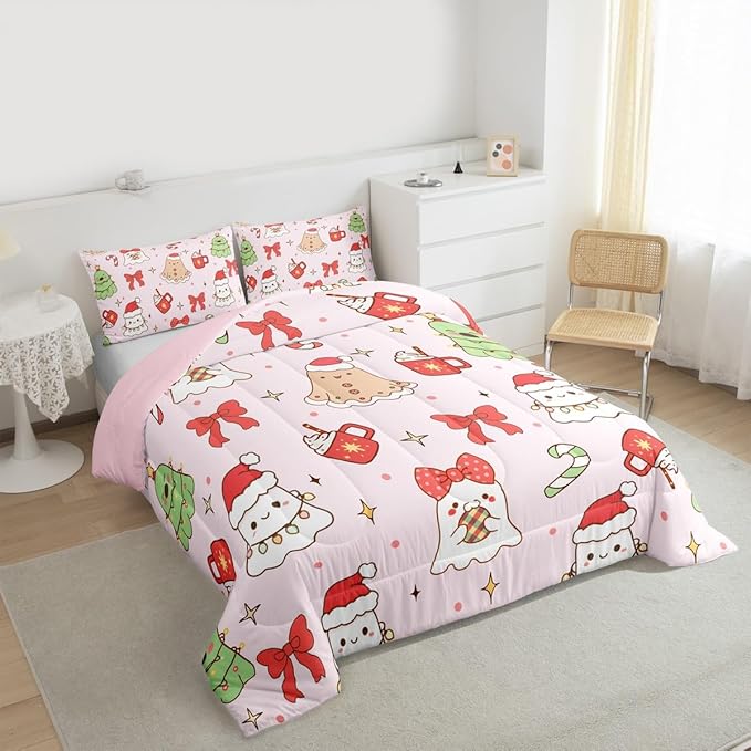 Feelyou Christmas Bedding Set Soft for Boys Girls, Cute Bow Comforter Set Twin Size Cute Ghost Duvet Quilt Microfiber Coquette Bow Knot Bedroom Decor Candy Print 2 Pcs with 1 Pillow Cases