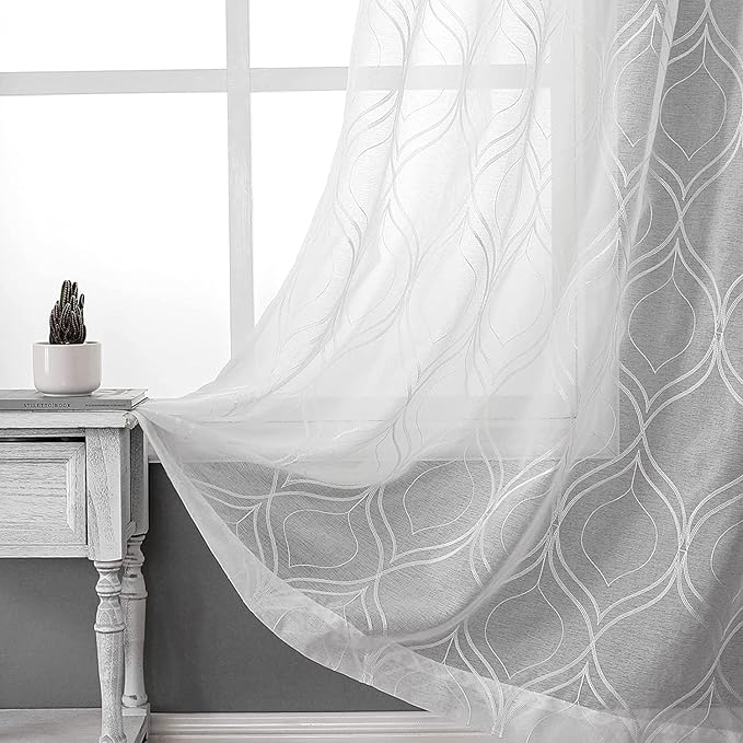 VISIONTEX White Sheer Curtains 108 Inches Long 2 Panels Set Moroccan Embroidered Curtains Trellis Decor French Textured Rod Pocket Voile Tulle Semi Window Drapes for Bedroom Living Room 54 x 108 Inch