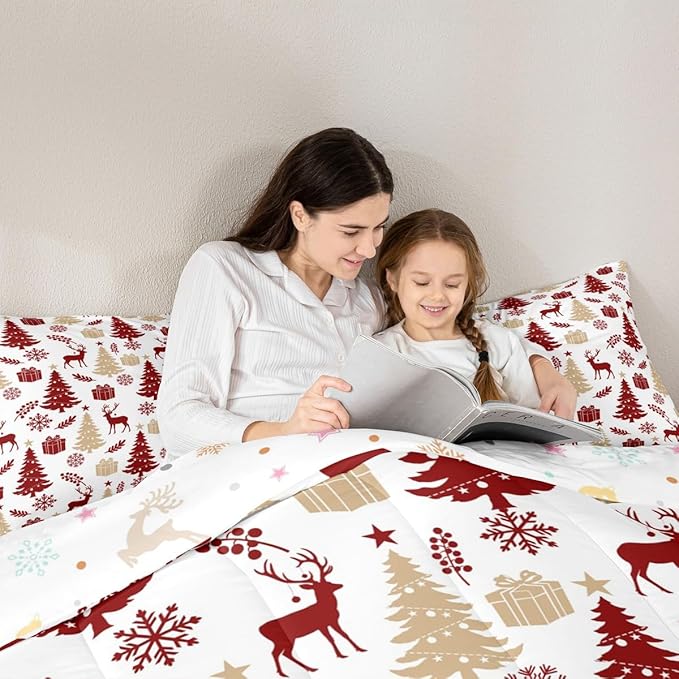 Feelyou Christmas Comforter Set All Season Xmas Tree Bedding Set with 1 Pillow Cases Reindeer Microfiber Kids Toddler Bedclothes Snowflake Gift Bedroom Decor Duvet Quilt Breathable Soft Lightweight