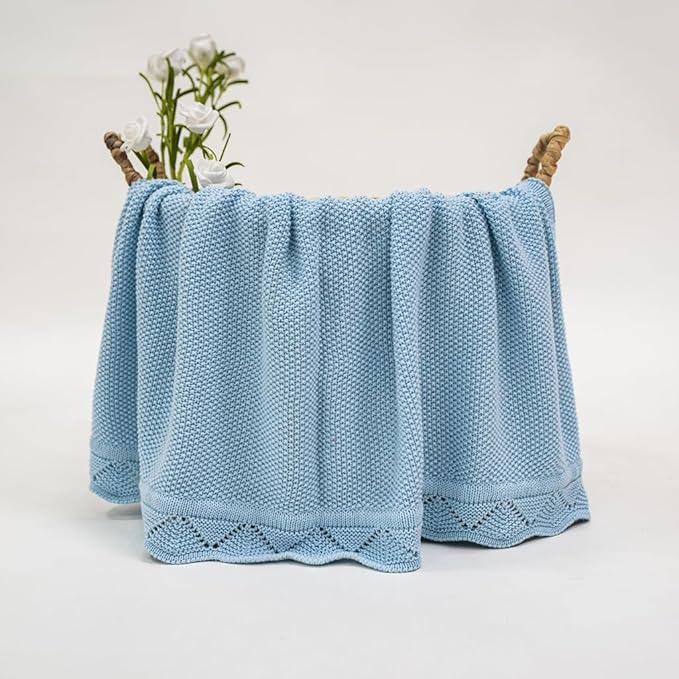 Baby Knit Blanket Soft Breathable Cotton Scallop Border Blankets Newborn Knitted Blanket Swaddle Blankets Gifts for Baby Newborn Toddler Shower Boy Girl New Mom Birthday Christmas Blue 28x36