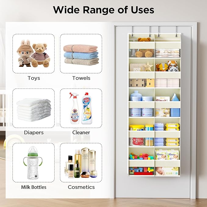 5-Tier Over The Door Organizer with 10 Side Mesh Pockets & Clear Windows, 80 lb Weight Capacity Hanging Storage for Bathroom, Bedroom, Nursery, Kitchen, Organizer Toys, Shoes, Diapers (Beige 2 Pack)