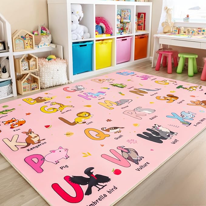Kids Rugs for Playroom, 5x7 Feet Educational Rug for Learn The ABC Alphabet, Soft Machine Washable Non-Slip Cute Cartoon Animals Carpet for Classroom Toddler Nursery Kids Room Decor, Pink