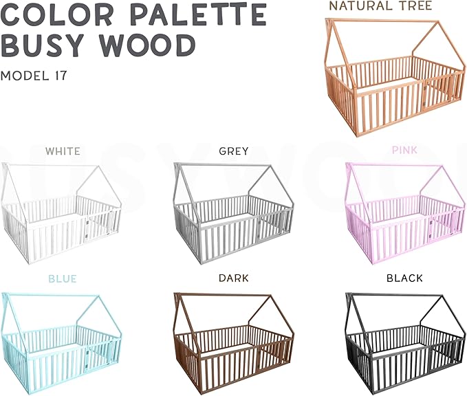 BUSY WOOD Montessori Bed with Railings - Floor Twin Bedframe for Toddlers 1-3 - Full Size Montessori Floor Bed, Queen, King, Small - 7 Colors (Model 17)