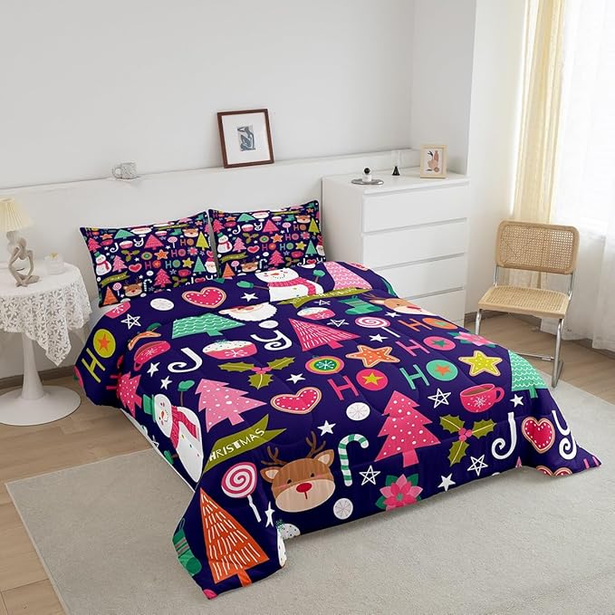 Merry Christmas Kids Comforter Set Twin Size,Cartoon Santa Claus Snowman Bedding Set,Boys Girls Adults Room Decor,Pines Deer Cute Xmas Down Comforter,Colorful Romantic Duvet Insert,1 Pillowcase