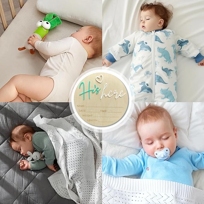 Baby Announcement Sign, 5.9 Inch Wooden Hello World Newborn Signs, Birth Announcement Sign, Gender Reveal Signs, He's here Decoration, Welcome Newborn Arrival To World, Hospital Nursery for Baby (Green He's)