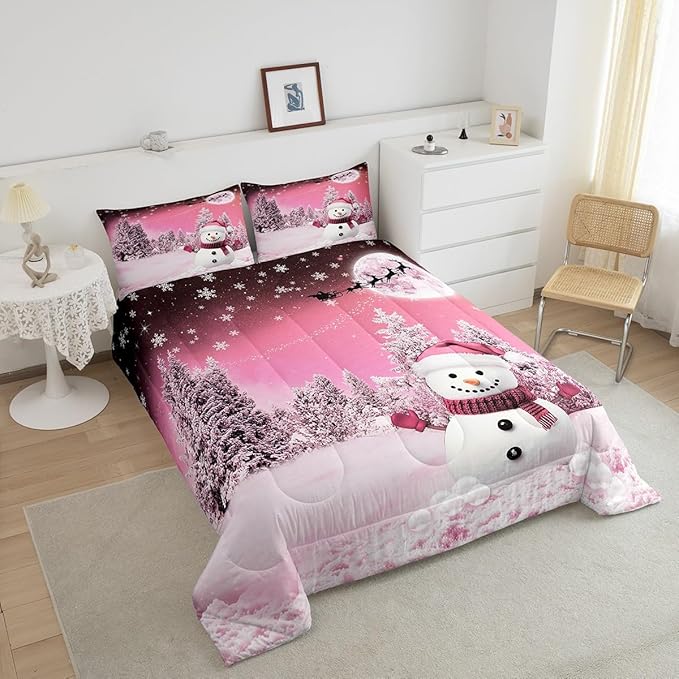 Feelyou Kids Merry Christmas Decorations King Size Comforter Set Xmas Snowman Bedding Set Girly Pink Quilt Set Soft Warm Lightweight Duvet Set