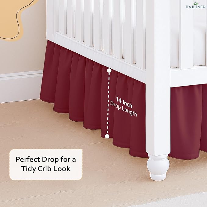Rajlinen Ruffled Crib Bed Skirt, Microfiber, Dust Ruffle with Split Corners, 14" Drop, Nursery Toddler Bedding for Baby Boys or Girls, Burgundy