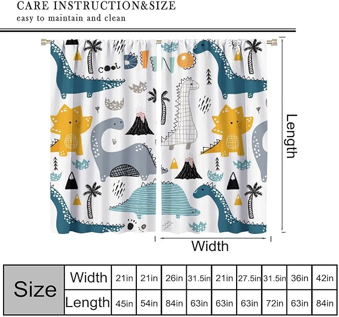 Dinosaur Curtains, Cartoon Dino Cute Safari Animal Print Pattern Blackout Window Treatments, Rod Pocket Thermal Insulated Drapes 2 Panel Sets for Kids Boys Bedroom Nursery Classroom, 42" W X 54" L