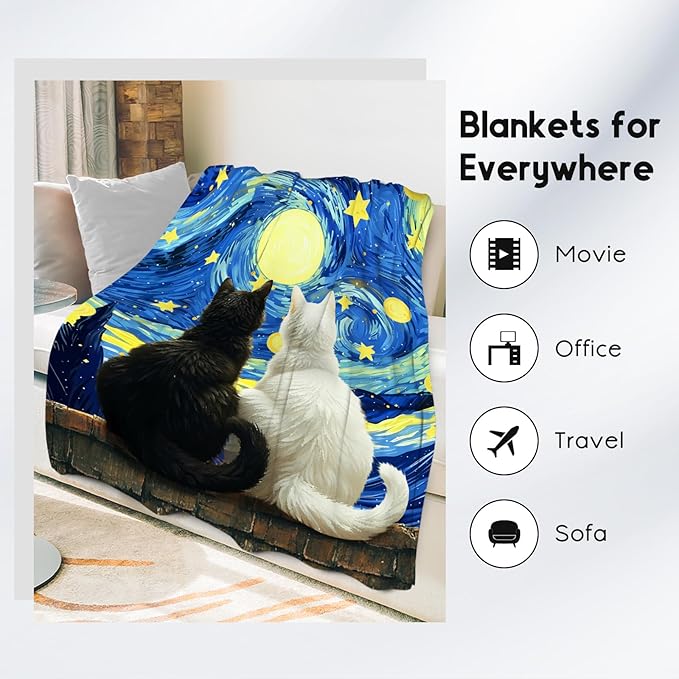 Cat Blanket for Women/Men - Kids Throw with Cat - Lightweight Flannel Soft Throws Gifts for Bed Office - 50"x60"