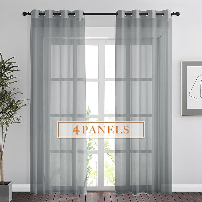 RYB HOME Gray Sheer Curtains, Light Filtering Elegant Solid Grommet Top Vertical Panels, Airy & Breathable Voile Sheer Drapes for Large Window, Living Room, Bedroom, 54W by 90L, Set of 4