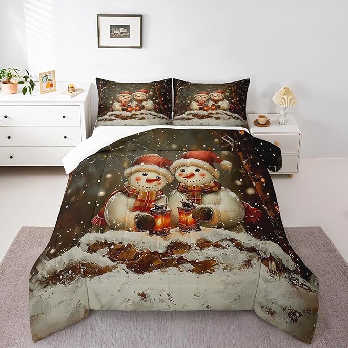 Manfei Kawaii Snowman Kids Comforter Set Full Size,Dead Tree Winter Snow Romantic Bedding Set,Boys Girls Room Decor,Merry Christmas Down Comforter,Black White Duvet Insert,2 Pillowcases