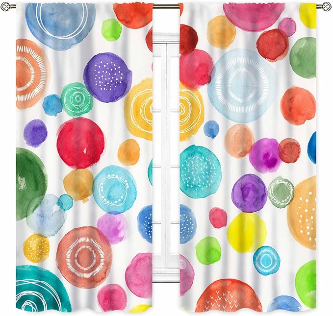 Colorful Curtains for Girls Bedroom, Watercolor Rainbow Cartoon Abstract Circle Polka Dots Splashes Cute Window Drapery for Kids Boys Girls Classroom Living Room Nursery 2 Panels, 52"x84" Inch