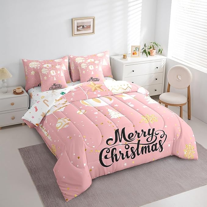 Feelyou Christmas Tree Bed Set for Children Kids Boys Girls Pink Xmas Theme Bed in a Bag Glitter Snowflake Star Comforter Set with Sheets Room Decor Bedding Set King Size