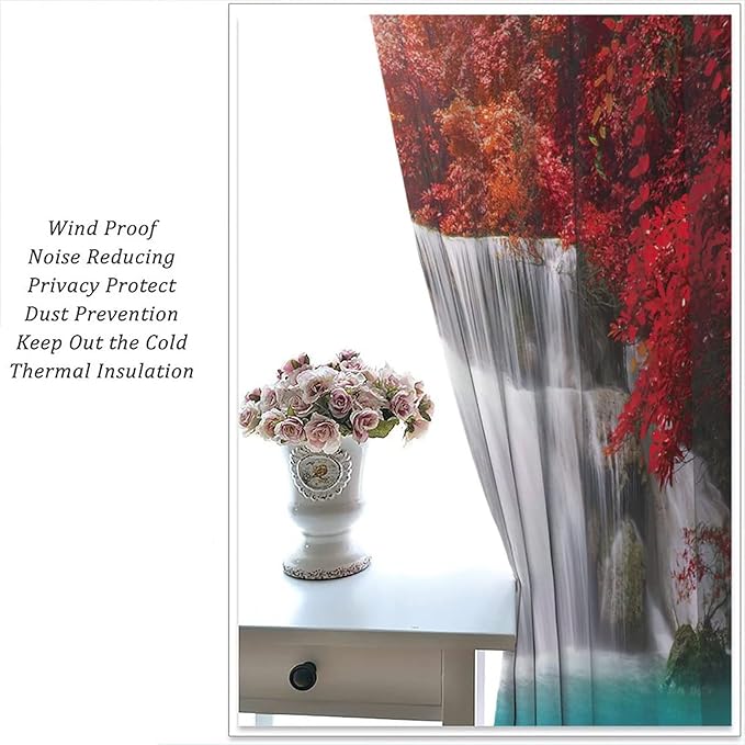 Red Forest Waterfall Blackout Windows Curtains, Tree Landscape Woodland Scenic Nature Fall Scenery Art Printed Curtains, for Living Room Bedroom 52x84in 2 Panels