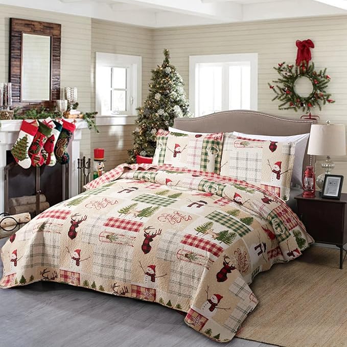 Christmas Quilt Set King Size Christmas Bedding Reversible Quilt Rustic Lodge Moose Buffalo Red Plaid Patchwork Bedding Holiday Xmas Home Decor Lightweight Quilt Bedspread Coverlet