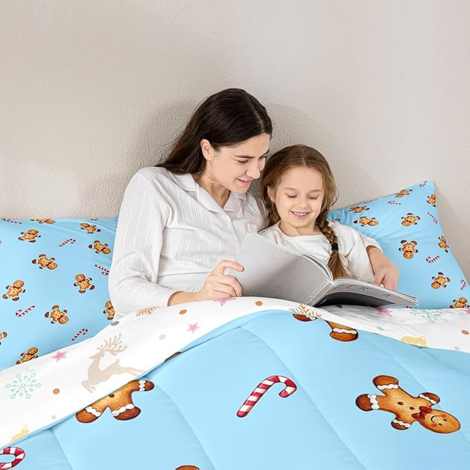 jejeloiu Kids Cute Gingerbread Man Comforter Set Twin Size Christmas Theme Bedding Set for Boys Girls Teens Xmas Candy Cane Happy New Year Duvet Quilt Room Decor