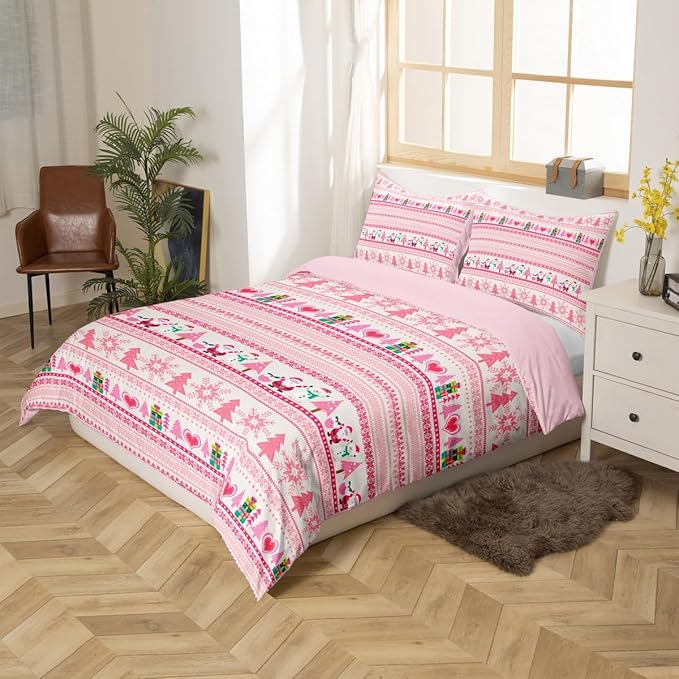 Christmas Comforter Cover Cartoon Santa Claus Snowman Bedding Set Pink Snowflake Christmas Tree Duvet Cover for Kids Boys Girls Microfiber Boho Stripes Bedspread Cover Room Decor Bedclothes Twin Size