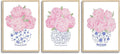 CHMMART 3 Piece Pink Floral Framed Wall Art Blue and White Chinoiserie Flower Canvas Art Prints Peony Pictures Wall Decor Painting Artwork for Living Room Bedroom Bathroom 16x20in