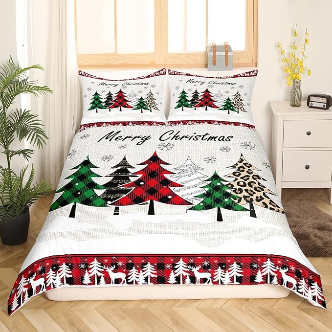 Xmas Trees Duvet Cover Set Queen Size, Merry Christmas Bedding Set 3pcs for Kids Boys Girls, Pine Trees Snowflake Deers Comforter Cover Soft Polyester Quilt Cover with 2 Pillowcases,No Comforter