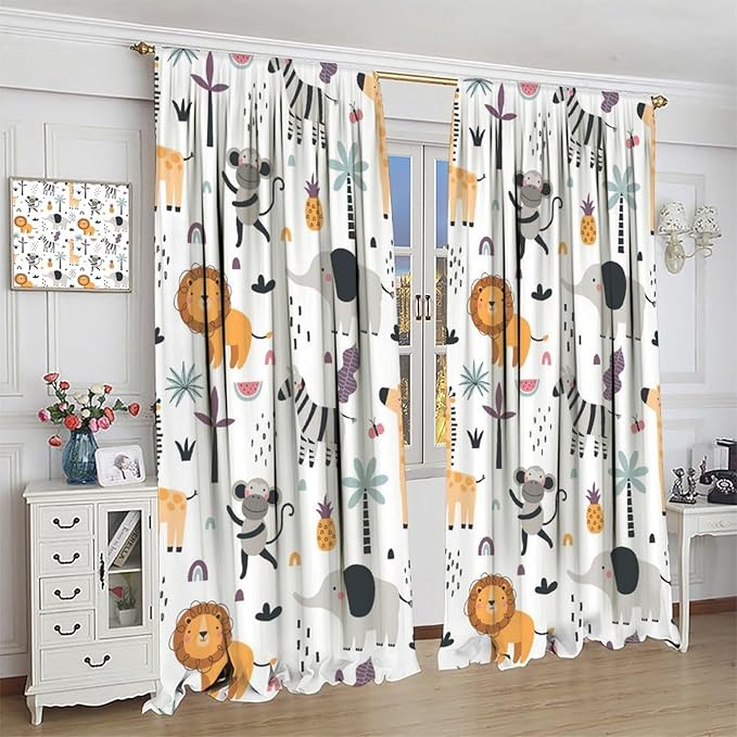 Cute Cartoon Animals Curtains Tropical Jungle Animals Elephant Giraffe Monkey Lion Modern Abstract Aesthetics for Kids Boys Bedroom Nursery Rod Pocket Decoration Window Drapes 2 Panels W42xL84in