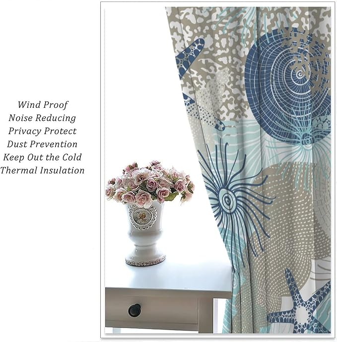 Coastal Curtains Ocean Beach Themed Room Darkening Window Curtain Nautical Coral Blackout Curtain for Bedroom Living Room Bathroom Nursery Set 2 Panels,72x63 Inches