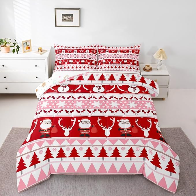 Feelyou Merry Christmas Tree Kids Comforter Set Queen Size Cute Snowman Bedding Set Santa Claus Duvet Quilt for Kids Boys Girls Bedroom Cartoon Bowknot Decor Microfiber Ultra Soft Breathable