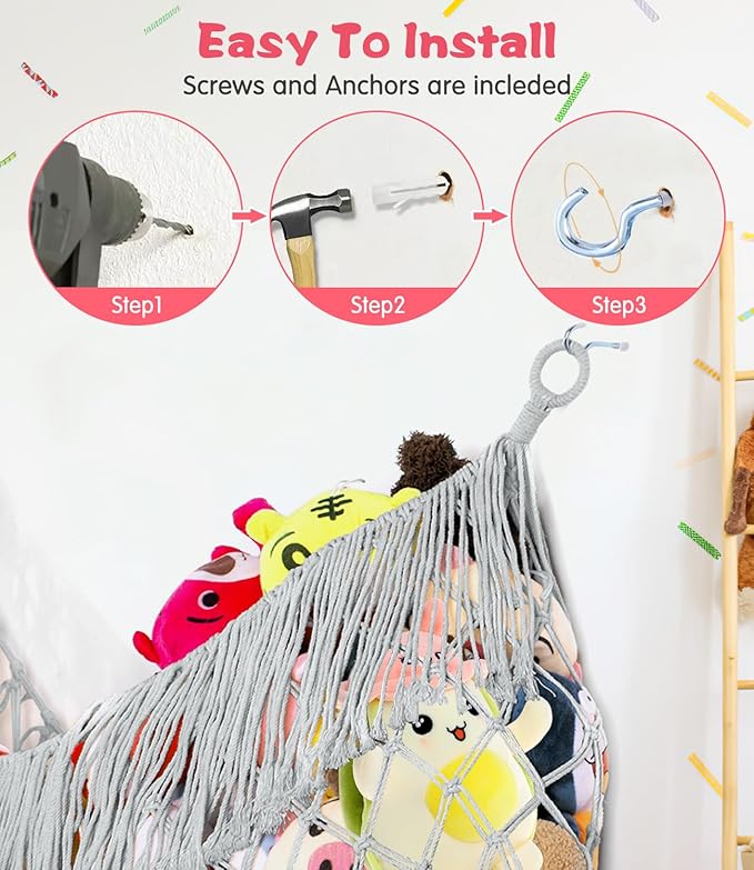 Stuffed Animal Hammock - Extra Large 63'' Long, Stuffed Animal Storage, stuffed animal Holder net, Toy Hammock Large, Toy Storage Hanging Organizer - Light grey