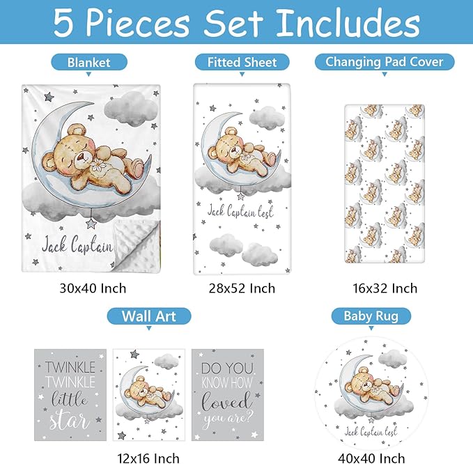 Personalized Baby Crib Bedding Set with Name, 5 Pcs Grey Bear Baby Crib Set for Infants Toddlers, Double Layer Nursery Bedding, Infant Toddler Newborns Customized Gifts, Crib Accessories
