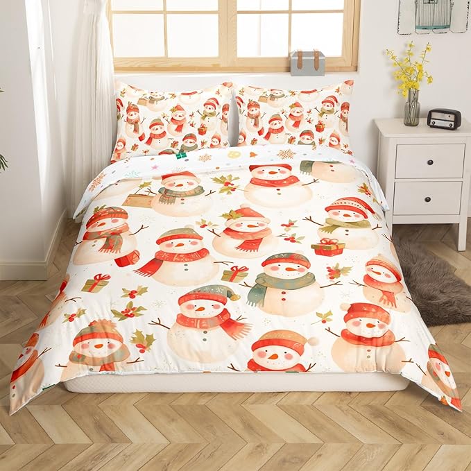 Manfei Cute Snowman Duvet Cover Set King Size, Christmas Theme Bedding Set for Kids Kids Girls Room Decor, Western New Year Comforter Cover, Lightweight Bedspread Cover, 2 Pillowcases, No Comforter