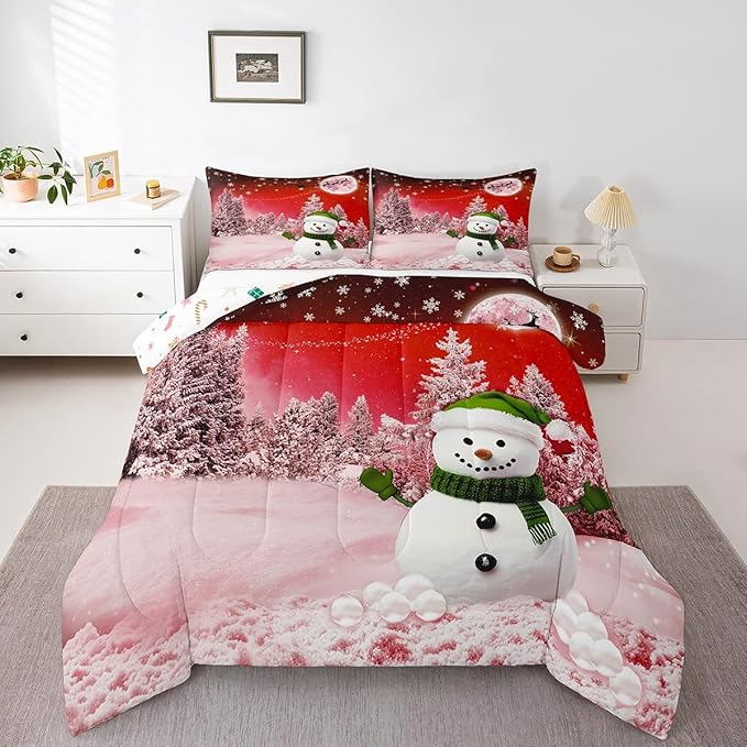 Feelyou Kids Merry Christmas Decorations Queen Size Comforter Set Xmas Snowman Bedding Set Red Quilt Set Soft Warm Lightweight Duvet Set