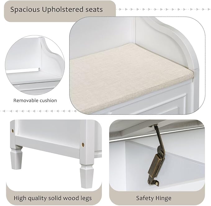 Merax Storage Bench, 41.9” Solid Wood Storage Chest with Backrest and Safety Hinge, Large Storage Space Bench with Upholstered Cushions,Supports 250 lb and Easy Assembly for Small Space, White