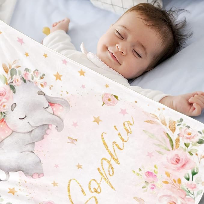 Elephant Blanket Personalized Baby Blanket with Name for Girl, Custom Name Blanket for Newborn Girl, Soft Flannel Toddler Blanket Customized Gift for Birthday Christmas Baby Shower 60" X 80"