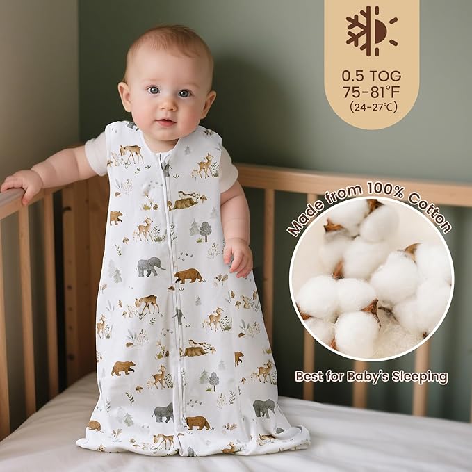 PHF Soft Baby Sleep Sack 18-24 Months 100% Organic Cotton Wearable Blanket, 2-Way Zipper 0.5 TOG Toddler Sleeping Sack 3 Pack, Comfy Sleep Bag for Baby Boys Girls, Woodland (X-Large)