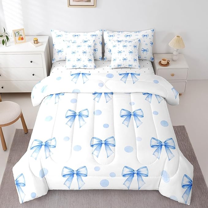 7 Pieces Blue Bowknot Kids Comforter Queen Size,Geometric Dots Bow Tie Patchwork Romantic Bedding Set,Bow Knot Princess Cute White Chic（Comforter+Fitted+Flat+2 Pillowcases+2 Throw Pillow Covers）