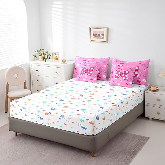7 Pieces Pink Bowknot Kids Comforter Set Full,Daisy Flowers Geometric Dot Patchwork Bedding Set,Bow Tie Cute Princess Dreamy Chic（Comforter+Fitted+Flat Sheet+2 Pillowcases+2 Throw Pillow Covers）