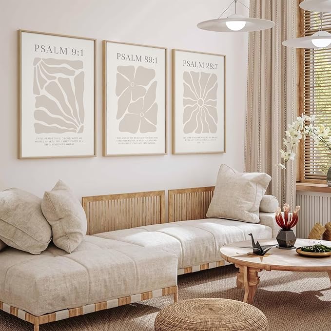 Joocrise Scripture Christian Wall Art Set of 3 Beige Bible Verses Wall Decor Neutral Psalm Canvas Wall Art Modern Pictures Flower Prints Christian Artwork for Living Room Bedroom 12x16 Inch Unframed