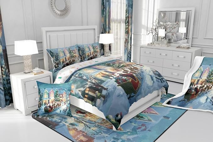 Feelyou Watercolor Christmas Comforter Set Queen Size Santa Claus Bedding Set for Kids Boys Girls Reindeer Sled Duvet Quilt Xmas Tree Bedroom Decor Microfiber 3 Pcs with 2 Pillow Cases