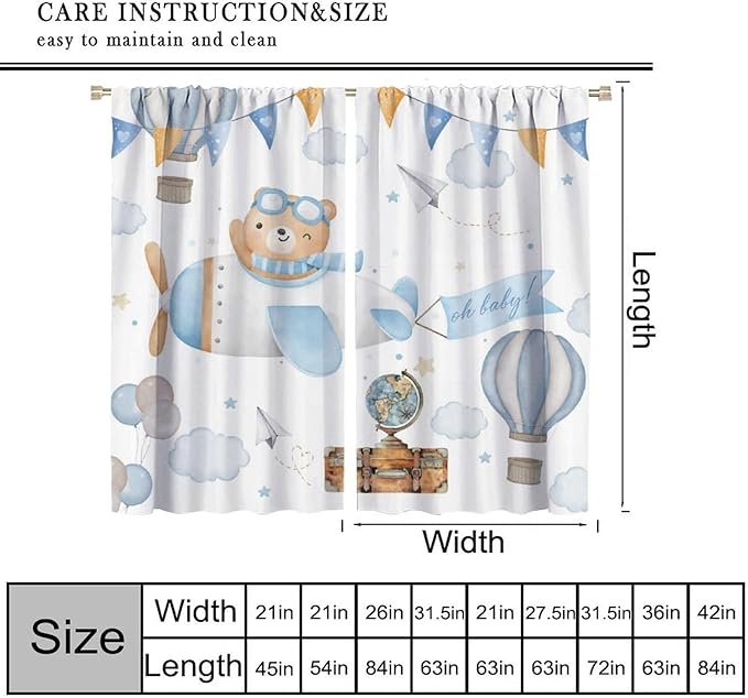 Blue Bear Curtains, Cute Lovely Bear Adventure Airplane Cloud Pastel Window Treatments, Rod Pocket Thermal Insulated Drapes 2 Panel Sets for Kids Bedroom Nursery Classroom, 42" W X 45" L