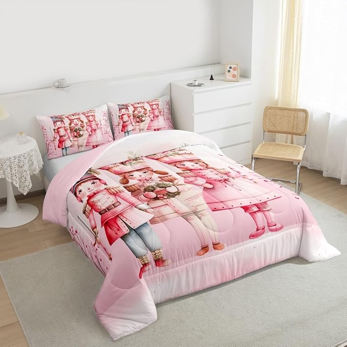 Feelyou Christmas Decor Nutcrackers Bedding Set Soft for Boys Girls, Pink Christmas Comforter Set King Size Pink Nutcrackers Duvet Quilt Berries Printed Room Decor Kawaii 3 Pcs with 2 Pillow Cases