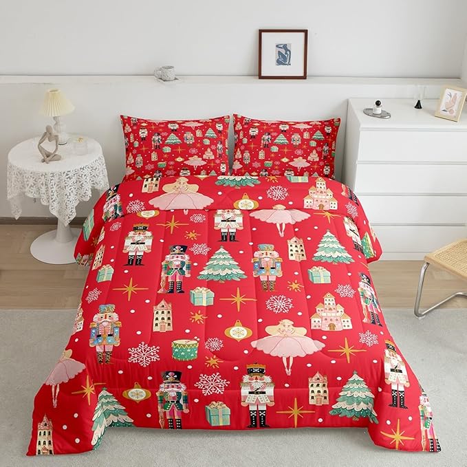Erosebridal 7Pcs Red Christmas Comforter Set Queen Size,Christmas Nutcracker Bedding Set,Girly Dreamy Princess Bed in A Bag,Xmas Pine Tree Snowflake Quilt with Flat Fitted Sheet,Red