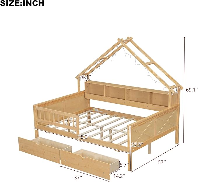 Merax Full Size House Platform Bed with Storage Drawers, Full Toddler Bed with LED Light and Guardrail, Sturdy Wood Frame Support, House Platform Bed with Roof Design for Kids, No Box Spring,Natural