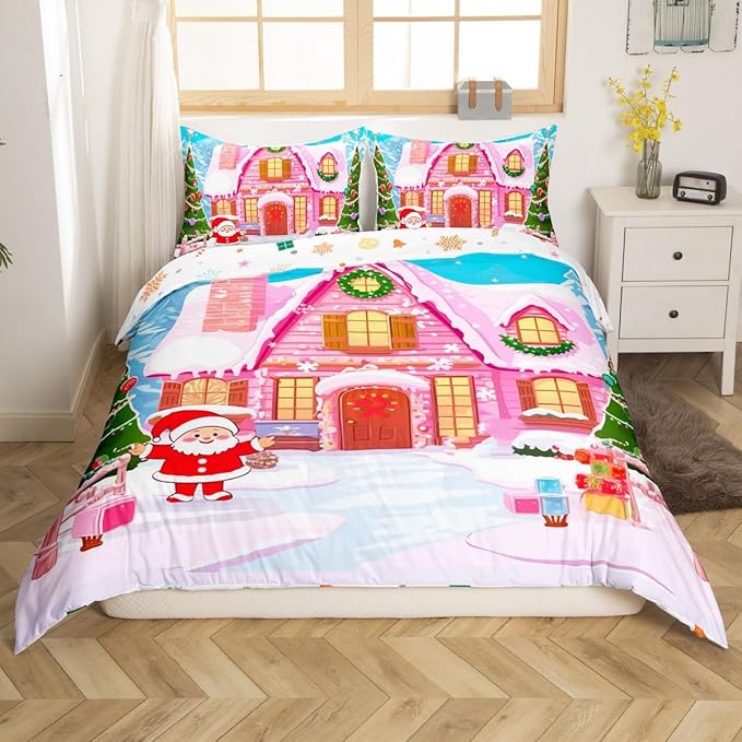 Feelyou Merry Christmas Pink Comforter Cover Set Cartton Cute Santa Claus Bedding Set Toddler Size for Kids Boys Girls Bedroom Bed Decor Xmas Duvet Cover Set Soft Quilt Cover,No Comforter