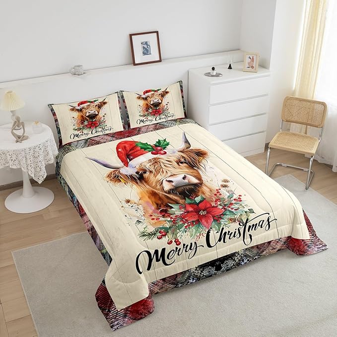 Highland Cattle Full Size Comforter Set,Merry Christmas Flowers Pine Trees Bedding Comforters Bedroom Collection,Rustic Farmhouse Wooden Grid Plaid Bedding Set for Girls Teens