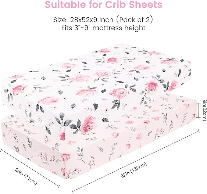 PHF Soft Crib Sheet Fitted, 2 Pack Baby Sheets for Girls, 28x52x9in Fits Standard Crib and Toddler Mattresses, Silky Comfy Breathable Polyester Baby Mattress Sheets, Pink Floral