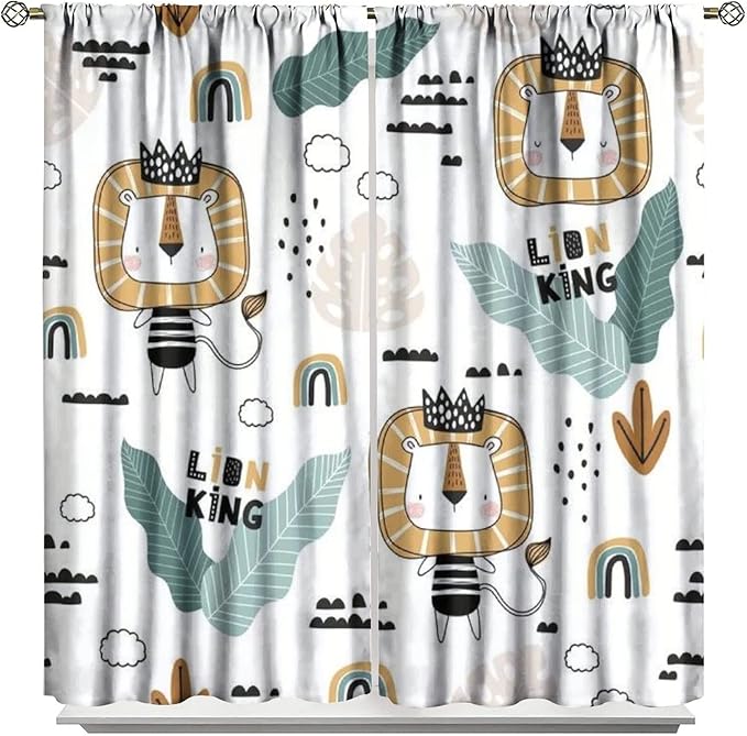 Cartoon Little Lion King Window Curtains for Baby Child,Cute Funny Forest Animals,Tropical Jungle Leaves Wildlife Boho Rainbow Print Blackout Drapes for Nursery Boys Girls Kids Bedroom 52x84in