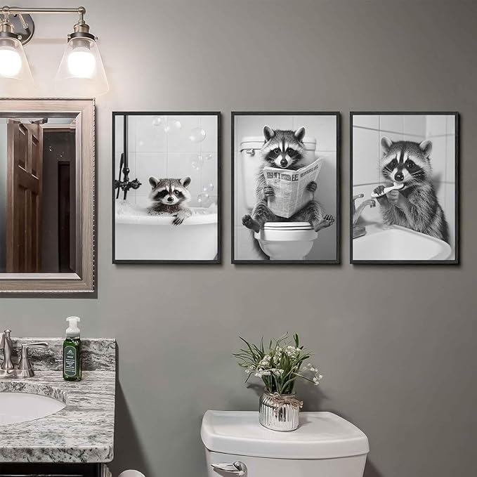 Funny Raccoon Bathroom Canvas Wall Art Black and White Cute Raccoon Sitting on Toilet Poster Print Artwork Humor Adorable Animals Pictures Wall Decor for Washroom Restroom laundry 16x24in Unframed